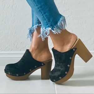 Black Velvet Studded Wooden Closed Toe Mule Clog